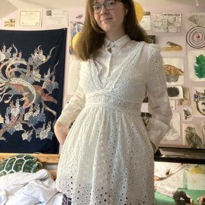 Puff-Sleeved White Lacy Dress with Pockets!